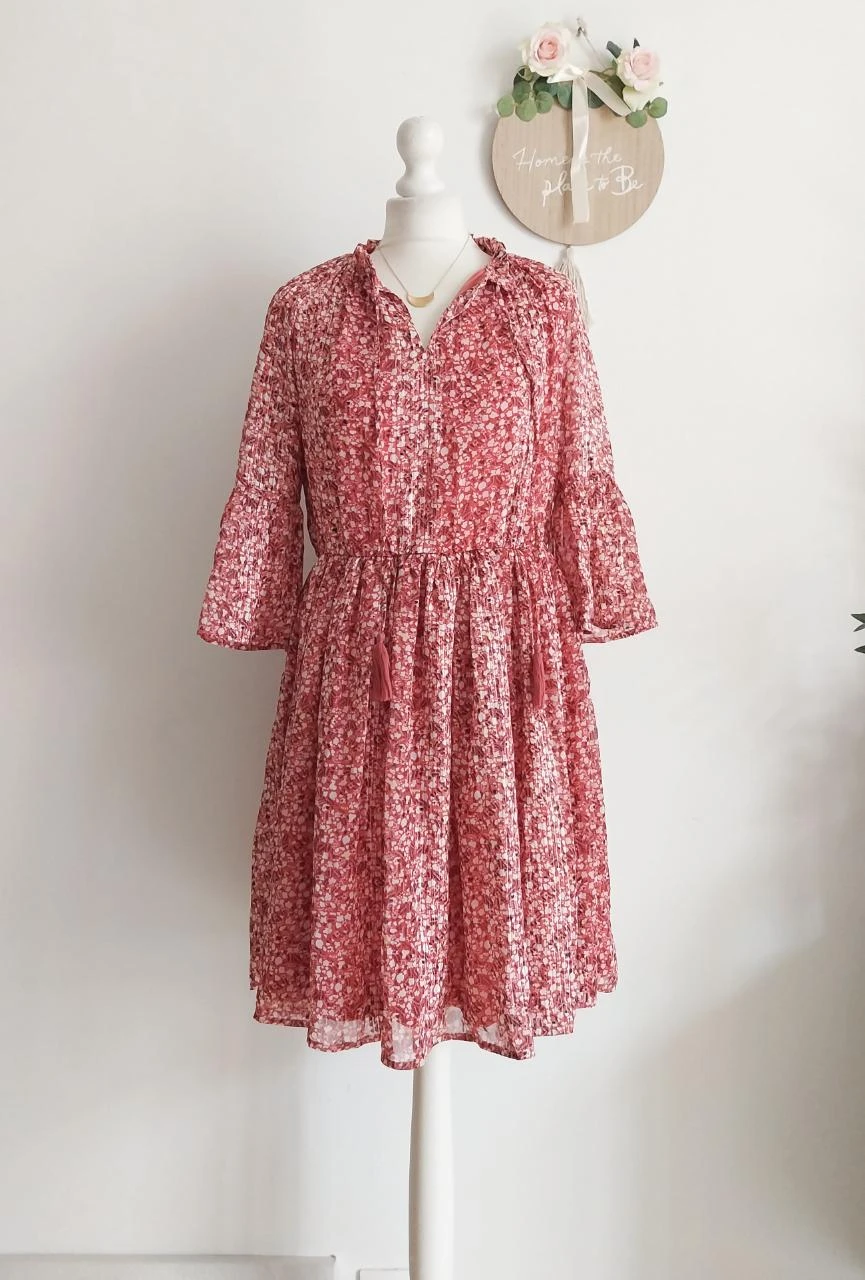 Old pink floral print dress with gold trim Yessica Size 38 – photo 2